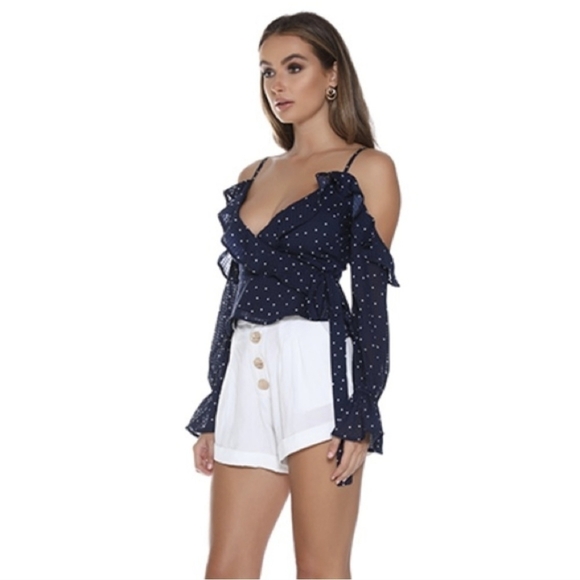 RUNAWAY polka dot blue and white off the cold shoulder ruffled wrap top blouse s - Picture 2 of 16